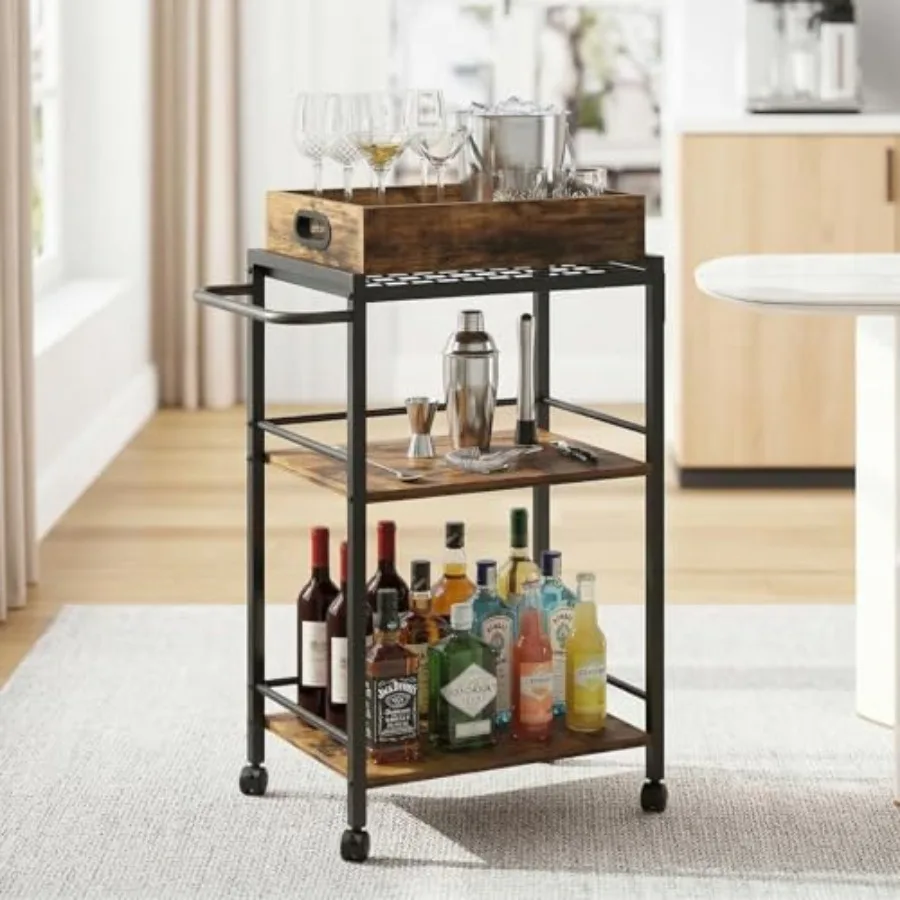 

3-Tier Bar Cart for The Home Rolling Cart with Wheels and Handle 3-Tier Serving Cart with Removable Tray Kitchen Carts on Wheel