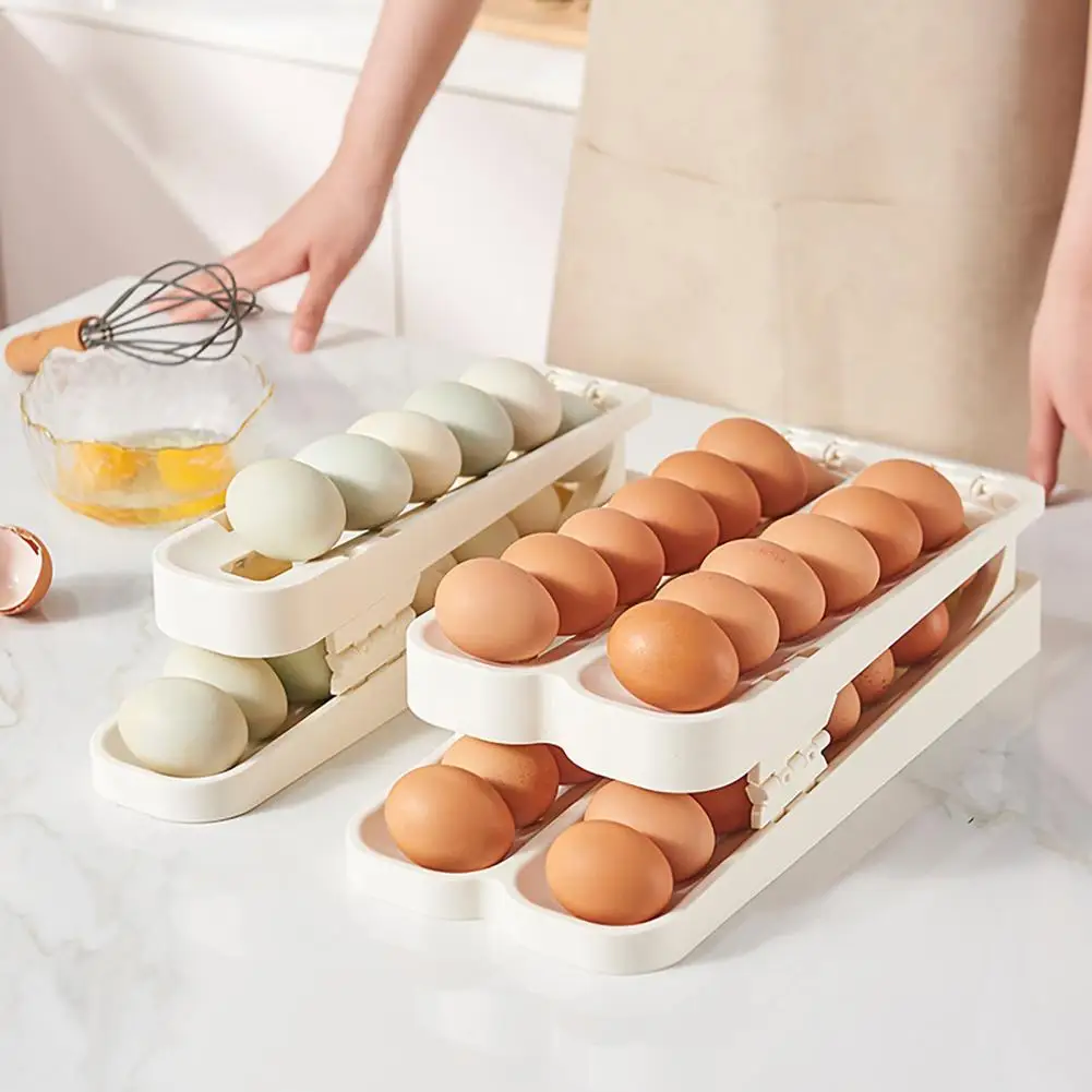 Automatic Rolling Egg Dispenser 2-Tier Egg Holder Large Capacity Smooth Edge Burr Free Refrigerator Egg Storage Tray 계란 분배기