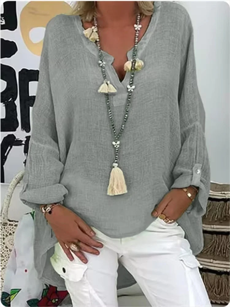 

Casual Loose Shirt Women's Fashion Solid Color Comfortable Top Spring Autumn V-Neck Long Sleeve Lightweight Blouse