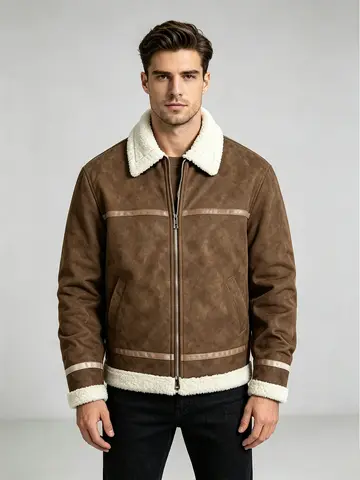 Men's Winter Faux Suede Shearling Jacket Loose Fit Fur Collar Warm Zipper Coat Outerwear