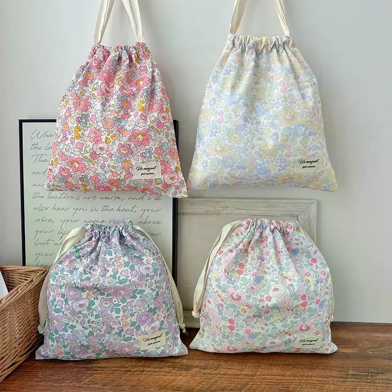Forest Style Handmade Floral Cotton Drawstring Bag Vintage Storage Pouch For Underwear Travel Organizer Pouch