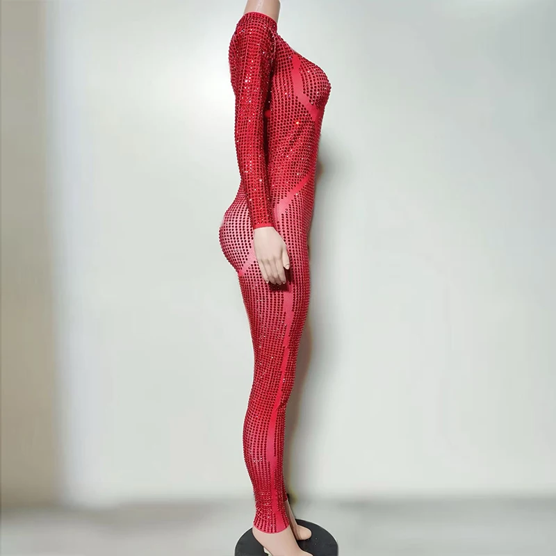 Strass Rode Lange Mouw Bodysuit Zanger Danser Prestaties Stadiumkostuum Ds Party Show Outfit Nachtclub Bar Dancewear yj015