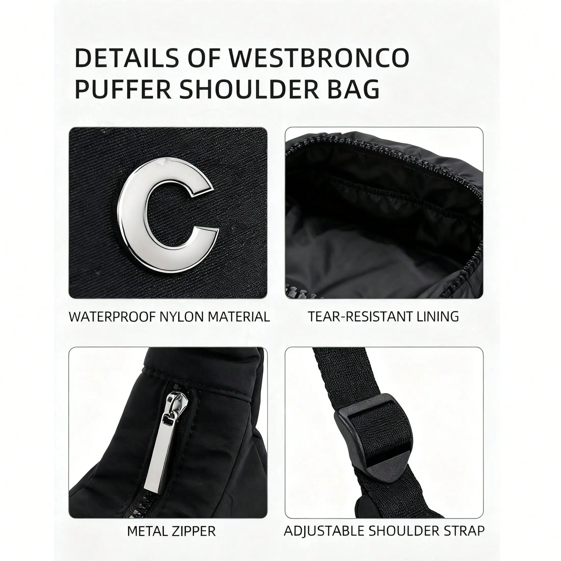 محفظة صغيرة منتفخة على شكل هلال للنساء، حقيبة كتف مبطنة من النايلون مع حزام قابل للتعديل، حقائب يد ومحافظ منتفخة