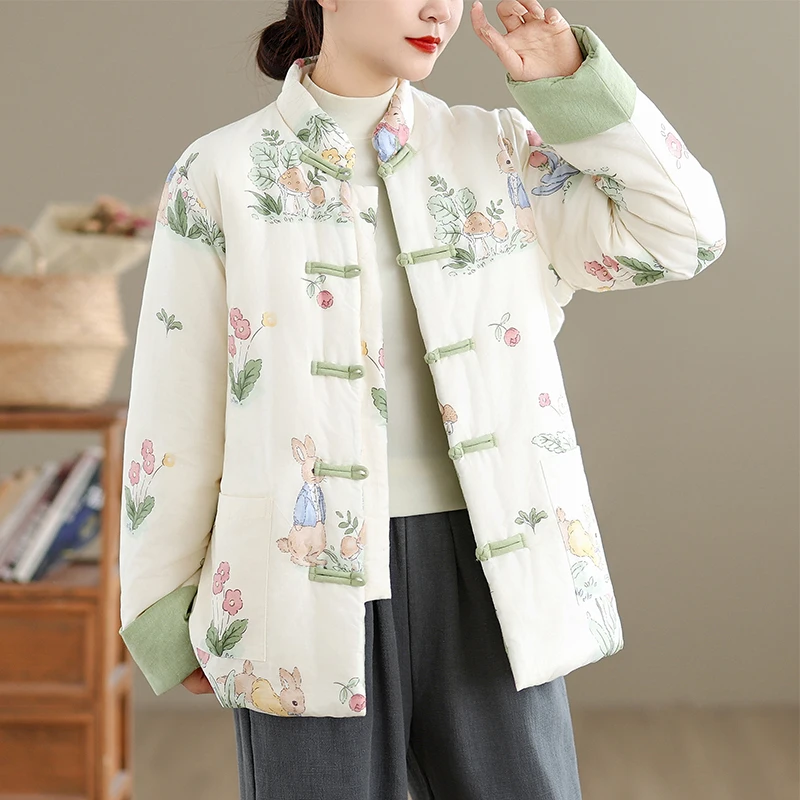 

New Chinese Sle Floral Print Stand Collar Loose Cotton Jaet Women's Autumn Winter Buttoned Cotton Coat Anti-aging