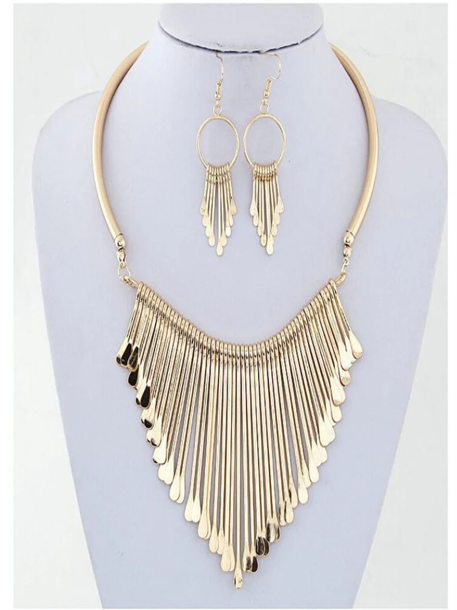 Gold-plate Fashion multi-layer metal tassel necklace earrings set High-grade alloy jewelry accessories for woman