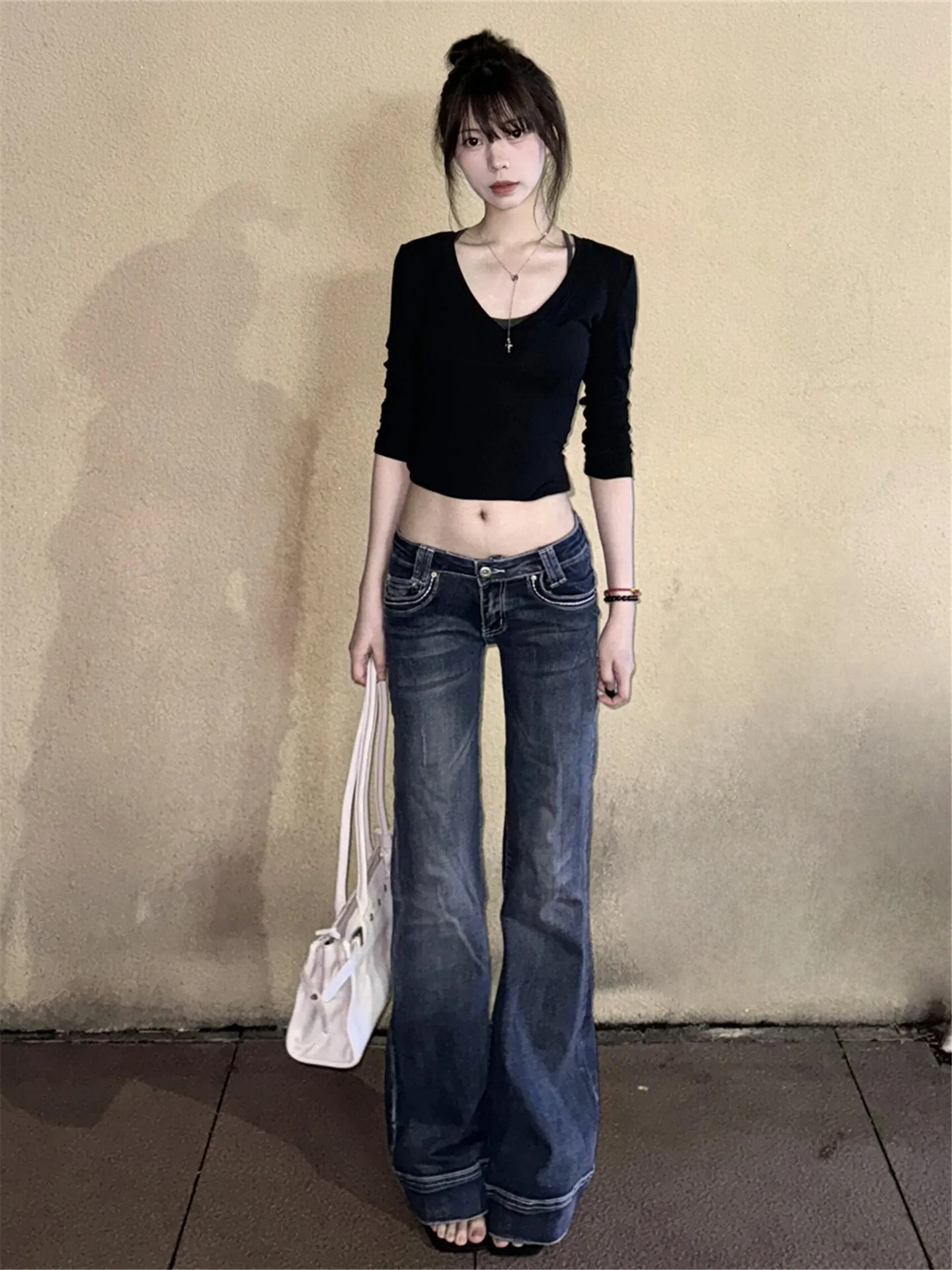 

American Style High Waist Bell Bottom Jeans Women's Slim Fit Long Blue Summer Casual Cotton Pants Low Waist Bootcut Jeans
