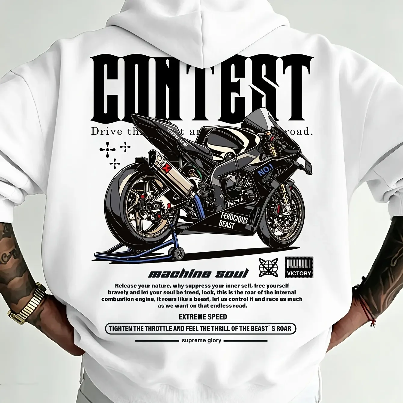 Contest Racing Sport Motorcycle Graphic Back‑Print Hoodie Street‑speed Biker Oversized Unisex Hooded Pullover