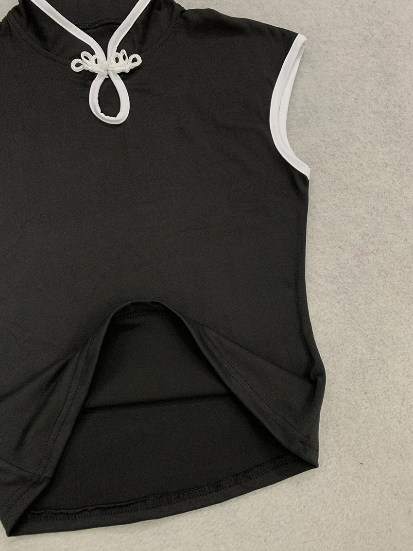 Retro-Chinesischer Stil Damen-Bluse mit Stehkragen, Ärmellos, Froschknopfverschluss, Kontrastbesatz, Schmale Passform, Kurzes Qipao, Alltagsbluse – Detail 12