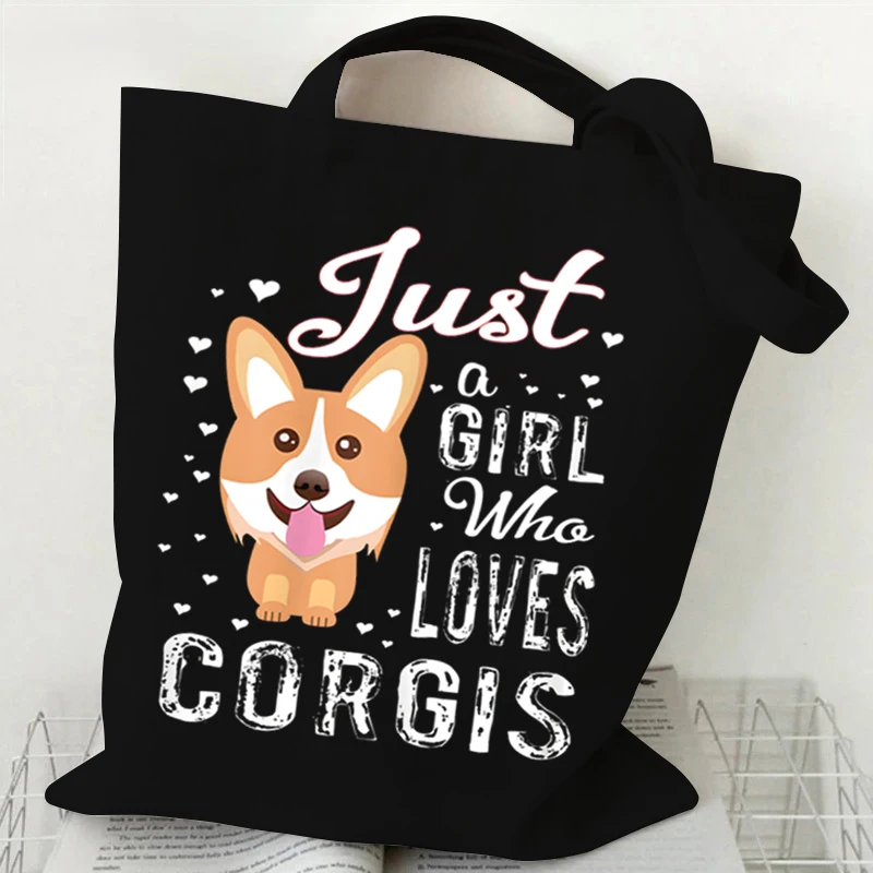 Just A Girl Who Loves Corgis Print Canvas Tote Bag Women Shopping Bag Teen Foldable Large Capacity Corgis Lover Shoulder Handbag