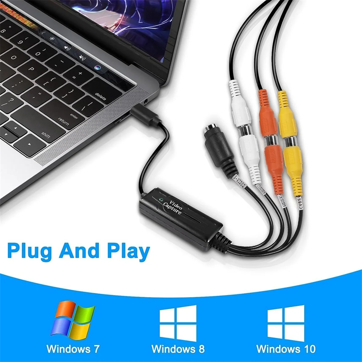 Convertidor RCA AV a USB C, adaptador de tarjeta de captura de vídeo, 1 canal AV NTSC PAL Video S, convertidor de vídeo/compuesto a USB