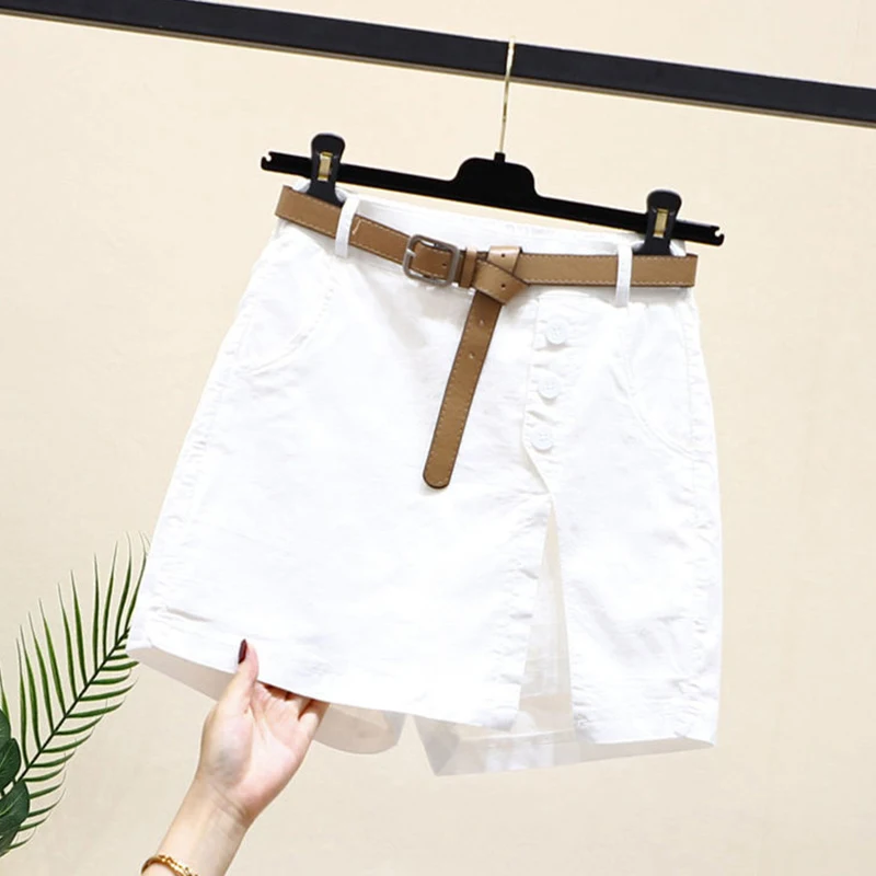 Chic Shorts Women Belt Korean Solid Buttons Side Slit A-line Streetwear Fashion Skirts Chic Harajuku Summer Loose Pants