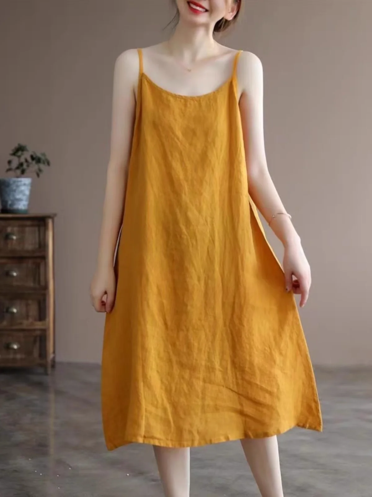 

Spring Summer Cotton Linen Svel Vest Dr Women's Base Layer Strap Long Skirt Commute Sle round Ne Long Dr