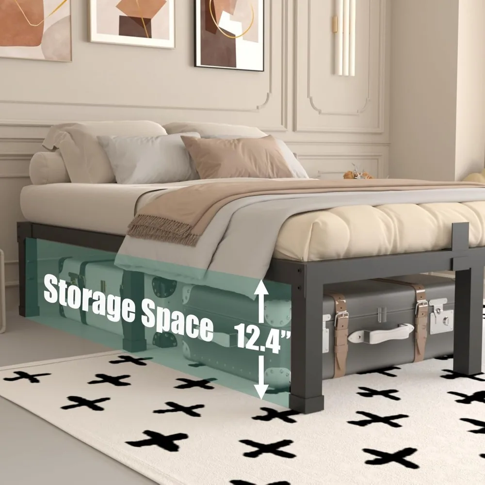 Cadres de lit double, plate-forme métallique robuste de 14 pouces de haut de 3500 lb, base de matelas avec support à lattes en acier/sans sommier