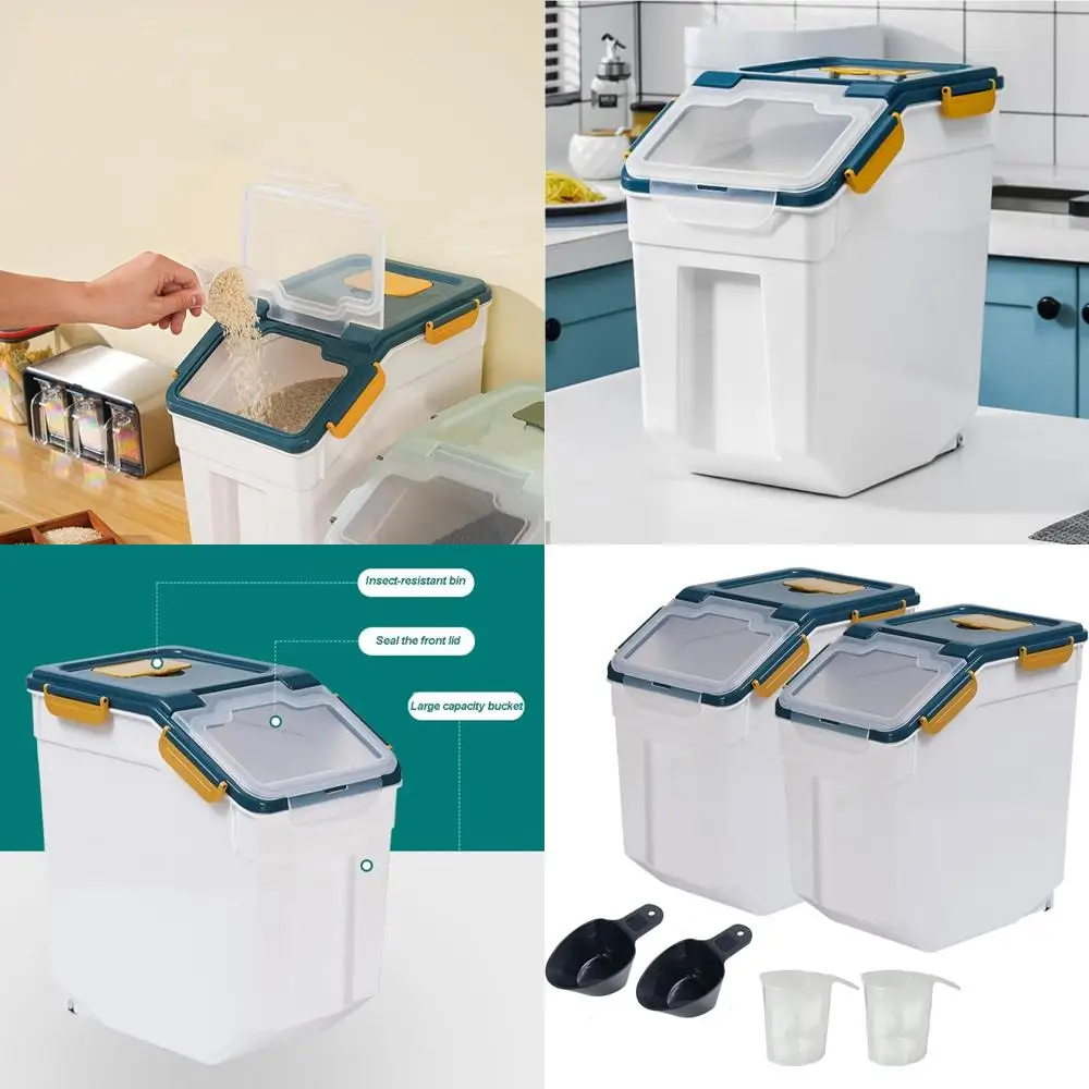 

Airtight 25lb Rice and Grain Storage Bin with Wheels, Locking Lid, BPA-Free, Includes Measuring Cup & Scoop (Blue)