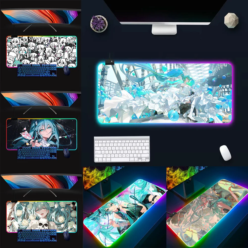 Hatsune Miku RGB Pc Gamer Keyboard Mouse Pad Mousepad LED Glowing Mouse Mats Rubber Gaming Computer Mausepad