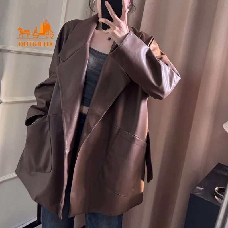 Autumn and Winter New Women's Mid-length Genuine Sheepskin Coat, 100% Real Sheepskin, Office Party Hiking Women's Leather Jacket
