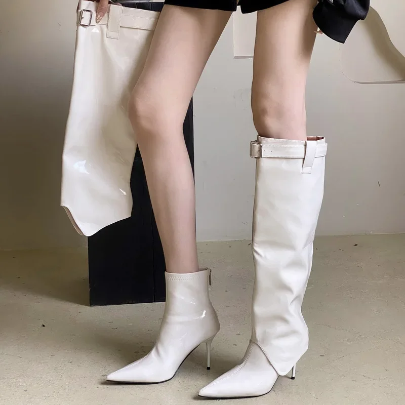 Eilyken Street Style Patent Leather Woman Knee-High Boots Thin High Heels Long Booties Sexy Belt Buckle Party Prom Shoes