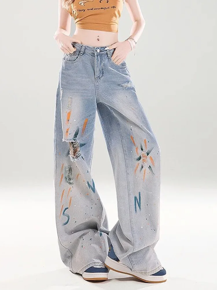Hole Painted Vintage Jeans Women High Waist Streetwear American Hip Hop Denim Pants Loose Retro Female Pockets Print Trousers