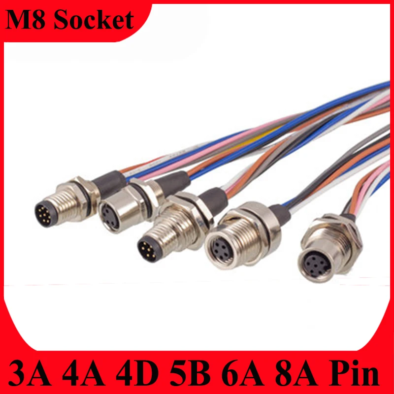 

M8 With 30CM Cable Flange Socket 3 4 5 6 8 Pole Pin Electronic Cable Connection Board Front Board Rear Connector Waterproof IP67