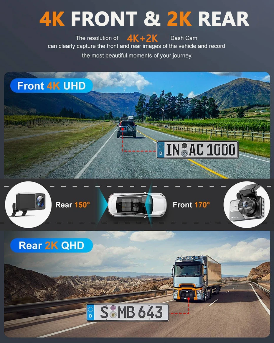 كاميرا داش FHD 4K+2K أمامية وخلفية: كاميرا داش مزدوجة للسيارات، واي فاي مدمج، كاميرا سيارة مع شاشة IPS مقاس 3 بوصات، UHD 2160P، تحكم في التطبيق #2