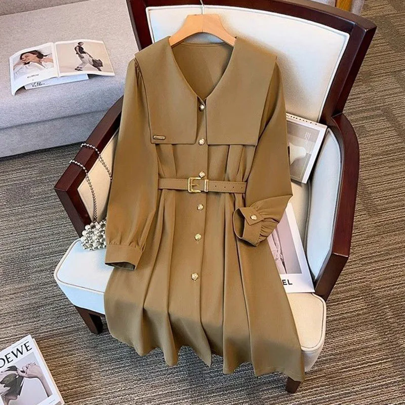 New Haute Couture Womens Dress Light luxury Navy Collar Long-sleeved Dresses Spring Summer Female Fashion Shirt Dresses Belt 4XL