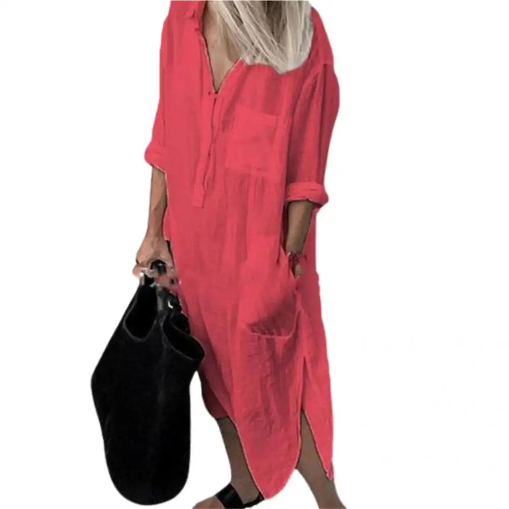 Stylish Midi Dress Long Sleeve Pocket Sundress Pure Color Elegant Dress