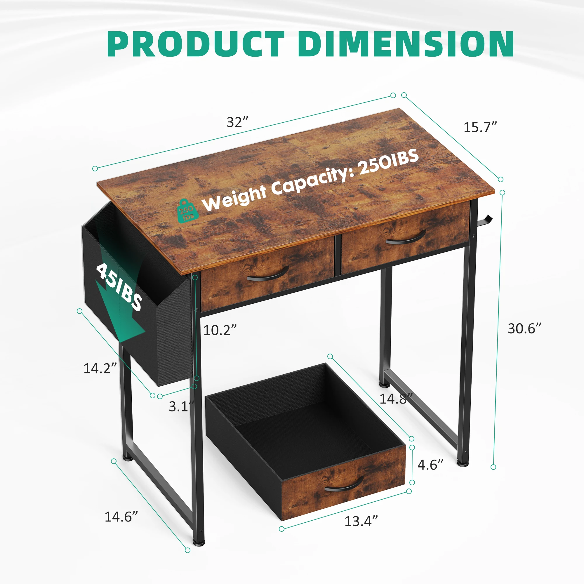 JHK Modern Office Computer Desk 32 Inch with Fabric Storage Drawers Space Side Bag Metal Frame Adjustable Feet For Home PC Table