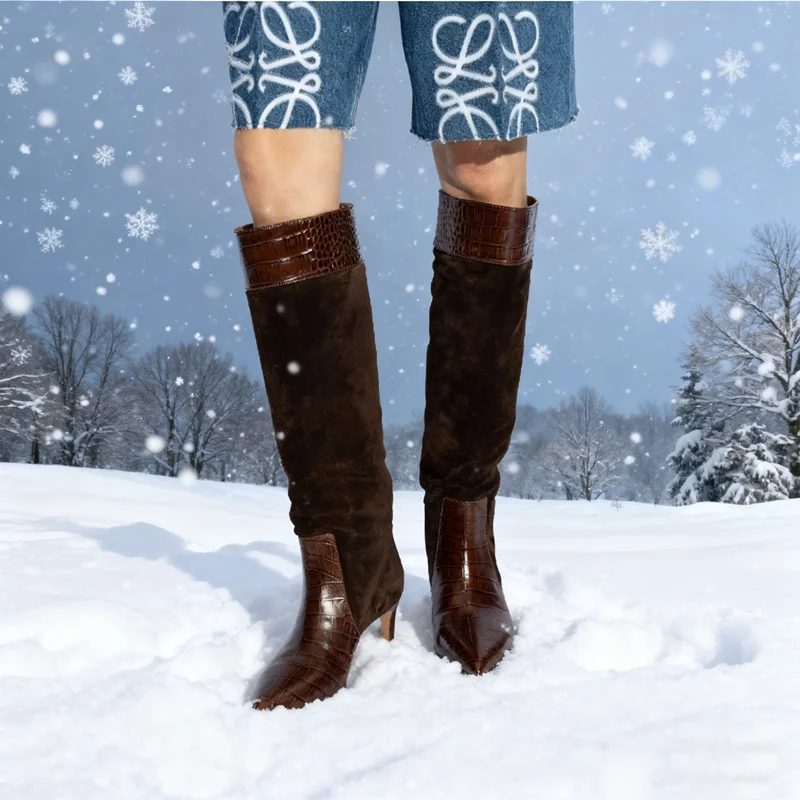 

2025 Winter Autumn Knee High Boots Patchwork Stiletto Thin High Heel Sexy Pointy Toe Suede Runway 2026 Dress Shoes Slip On