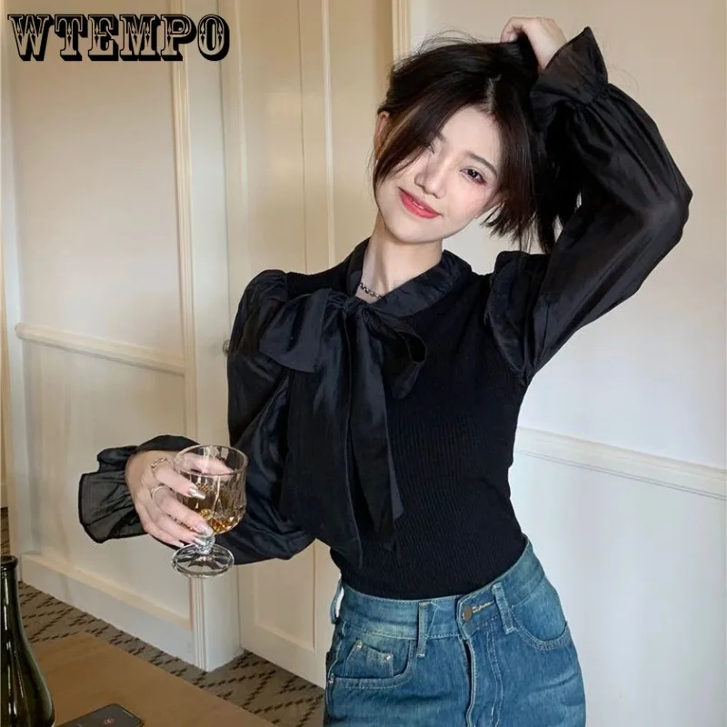 WTEMPO Fashion Bow Shirt Lace-up Long Sleeve Patchwork Shirt Women's French Lightweight Sexy Pullover Spliced Knitted Blouses