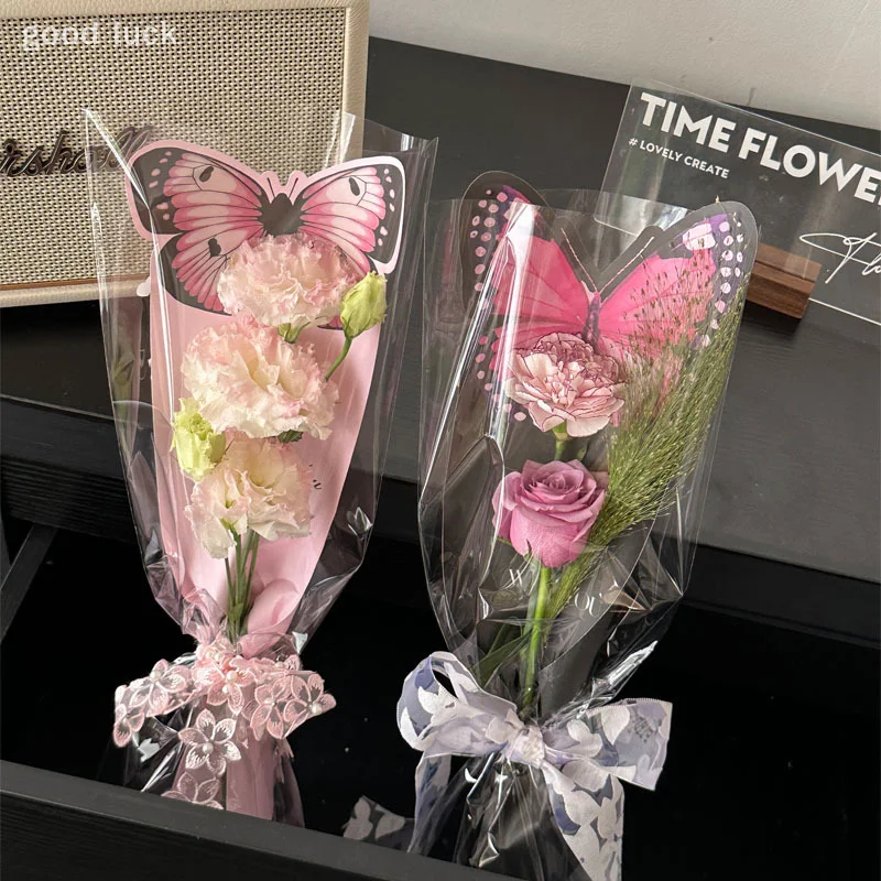 10Pcs Valentine Day Butterfly Flower Wrapping Paper Card Insertion Flower Packaging Bag Transparent Single Rose Packaging Bag