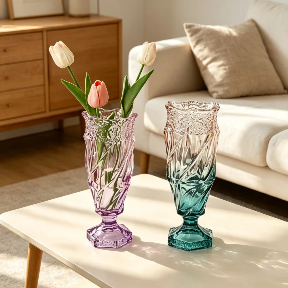 Modern Gradient Glass Vase Twisted Texture with Embossed Pattern Flower Vase Flower Arranging Container Living Room Decor