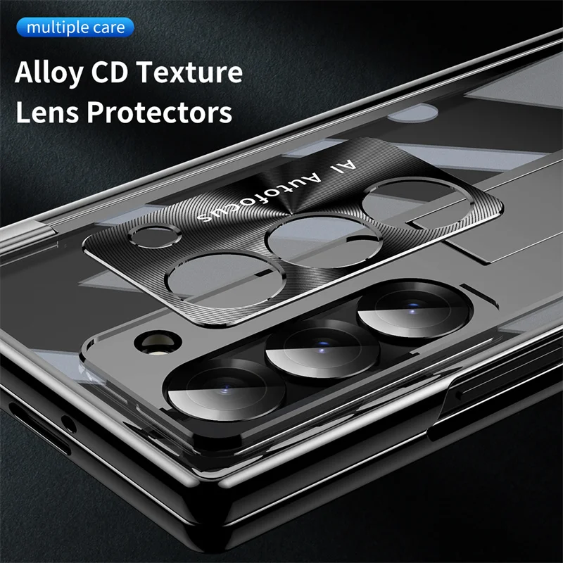 For Samsung Galaxy Z Fold 5 4 3 5G Electroplate Clear Hinge Magnetic Holder Case With S Pen Full Screen Protector Phone Cover