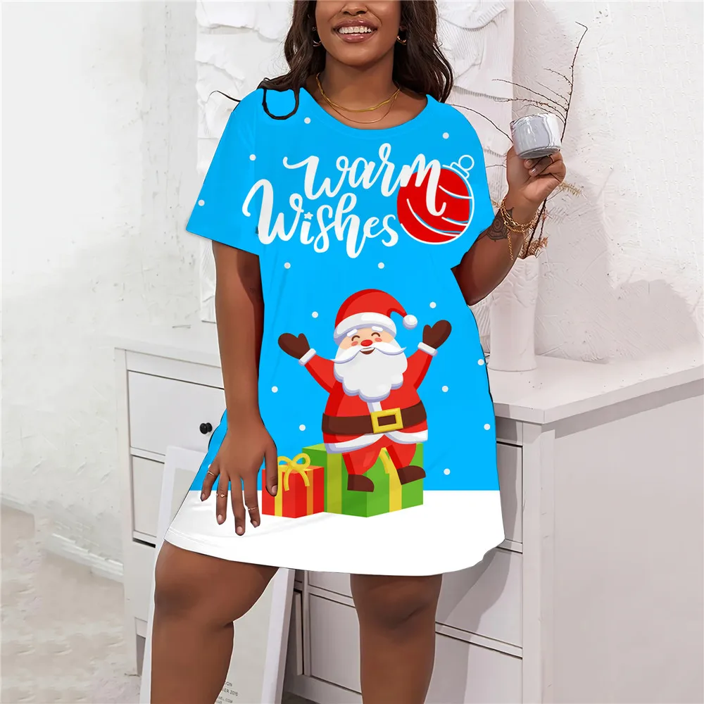 Vestido de Natal feminino de manga curta estampado em 3D, bonito desenho animado, vestido solto, plus size, casual roupas grandes, 9XL, novo, 2024