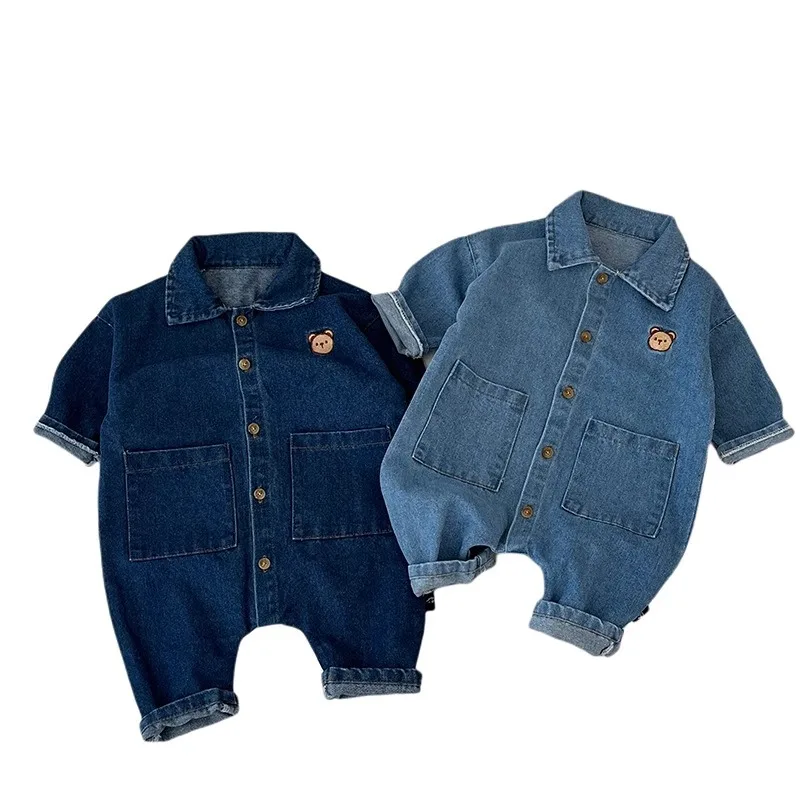 Fashion Long-sleeved jeans baby rompers Embroidered bear Casual outing clothes  0-24month baby boy jumpsuit