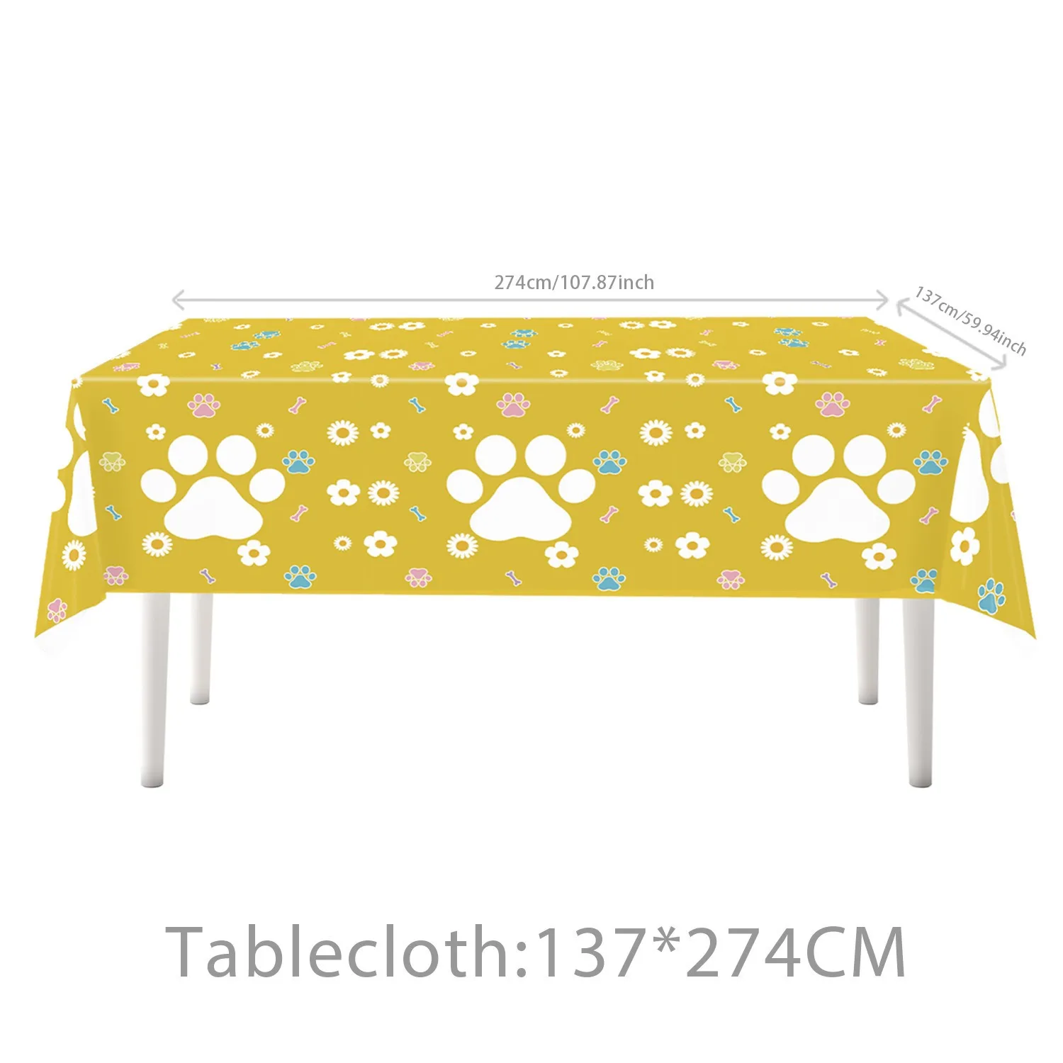 1 pieza de mantel desechable con estampado de huellas de perro, ideal para fiestas, cumpleaños, picnics y para usar en la cocina. Medidas: 137 x 274 cm.
