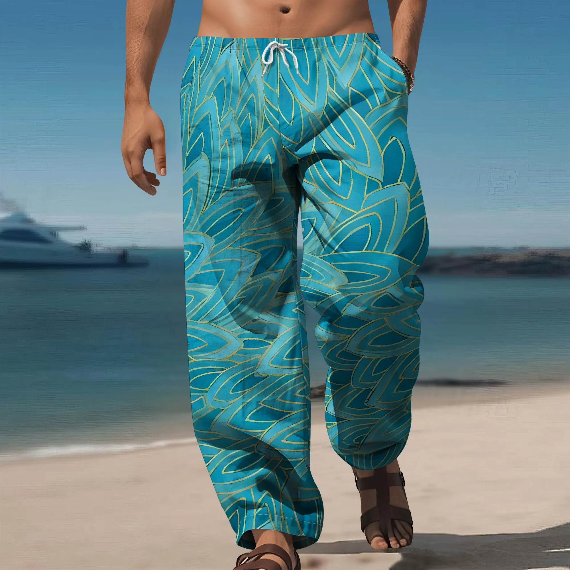

YEAE Turquoise Geometric Leaf Pattern Pants for Men Summer Casual Loose Drawstring Trousers