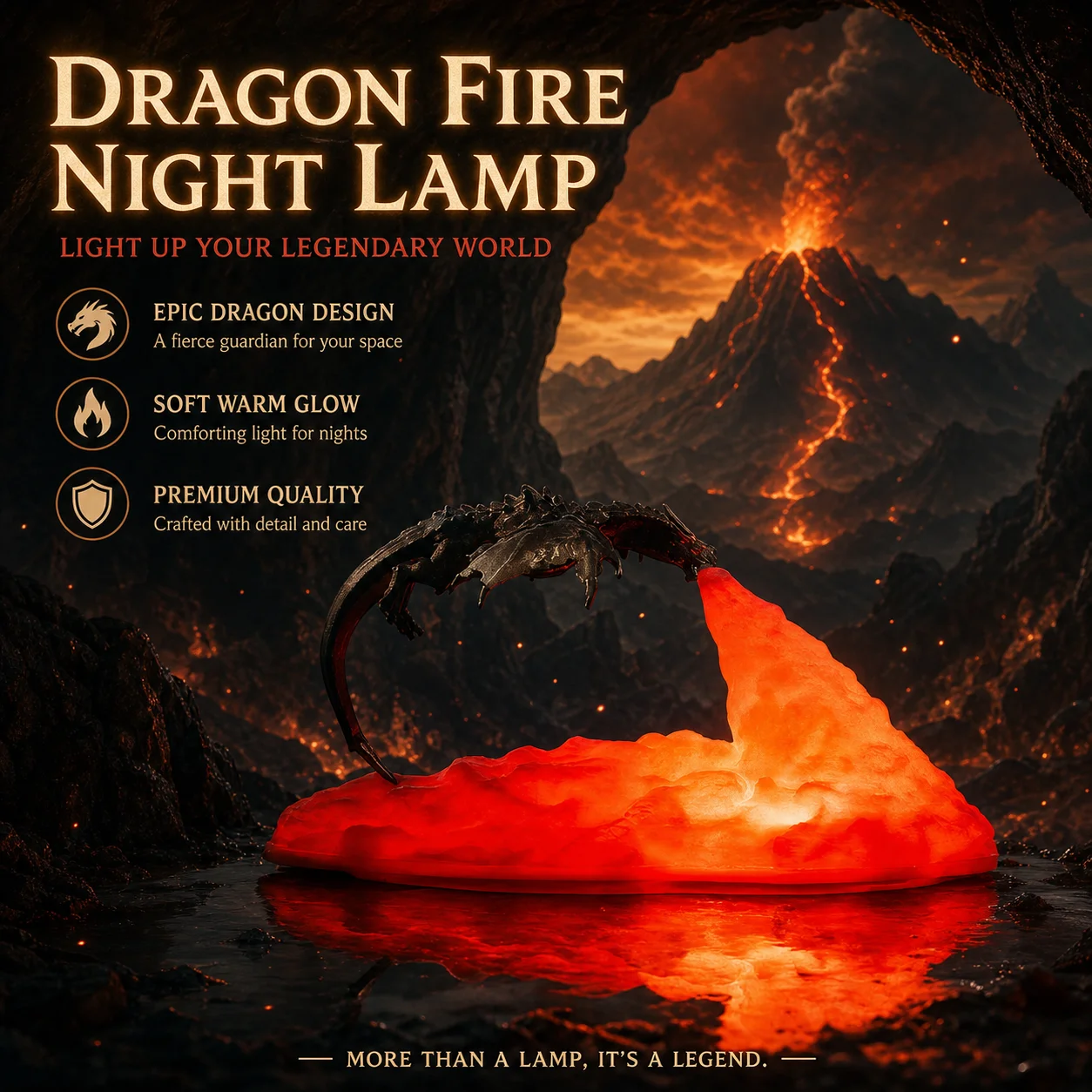 WWPPU 3D‑Printed Fire Dragon LED Rechargeable Table Lamp Creative Night Light For Bedroom Gift Use