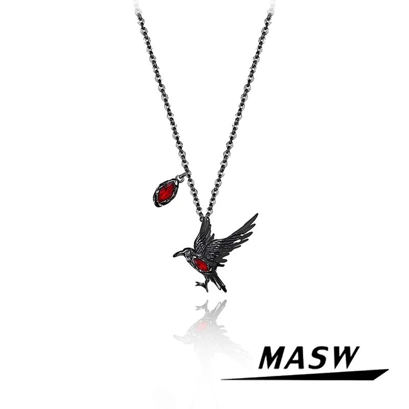 

MASW Original Design Hiphop Cool Hot Girl Style Red Crystal Black Bird Pendant Chain Necklace For Women Gift Modern Jewelry