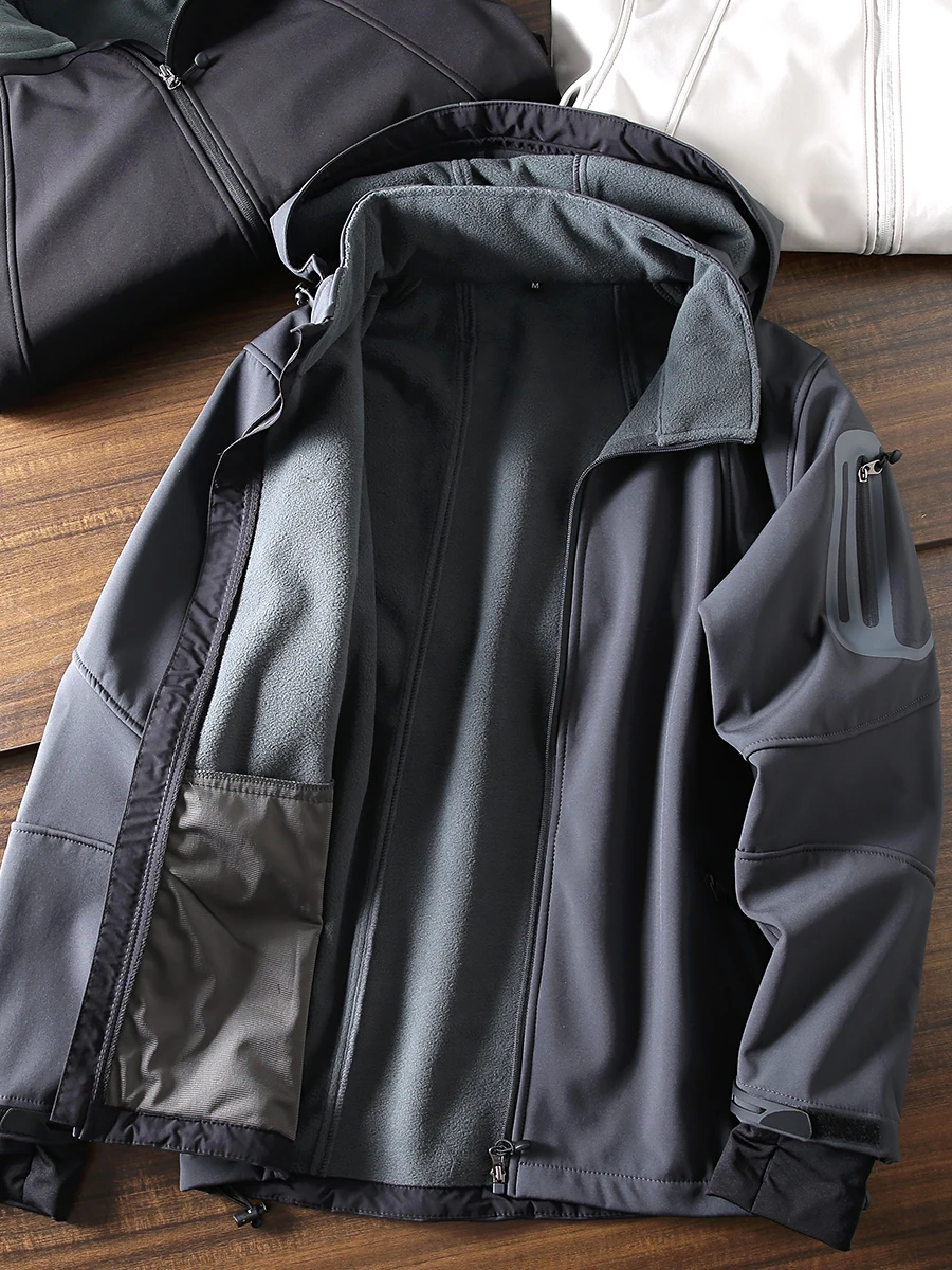 

Men's Outdoor Autumn Winter Fce Lined Soft ell Jaet Windproof Waterproof Detachable Hood Stand Fit Youth Jaet