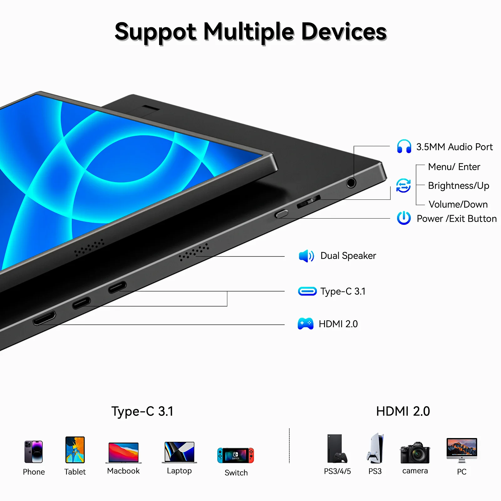 Wysokiej jakości 15,6-calowy przenośny monitor 1920*1080 16:9 USB-C HDMI Zewnętrzny pomocniczy monitor komputerowy z wbudowanym metalowym stojakiem