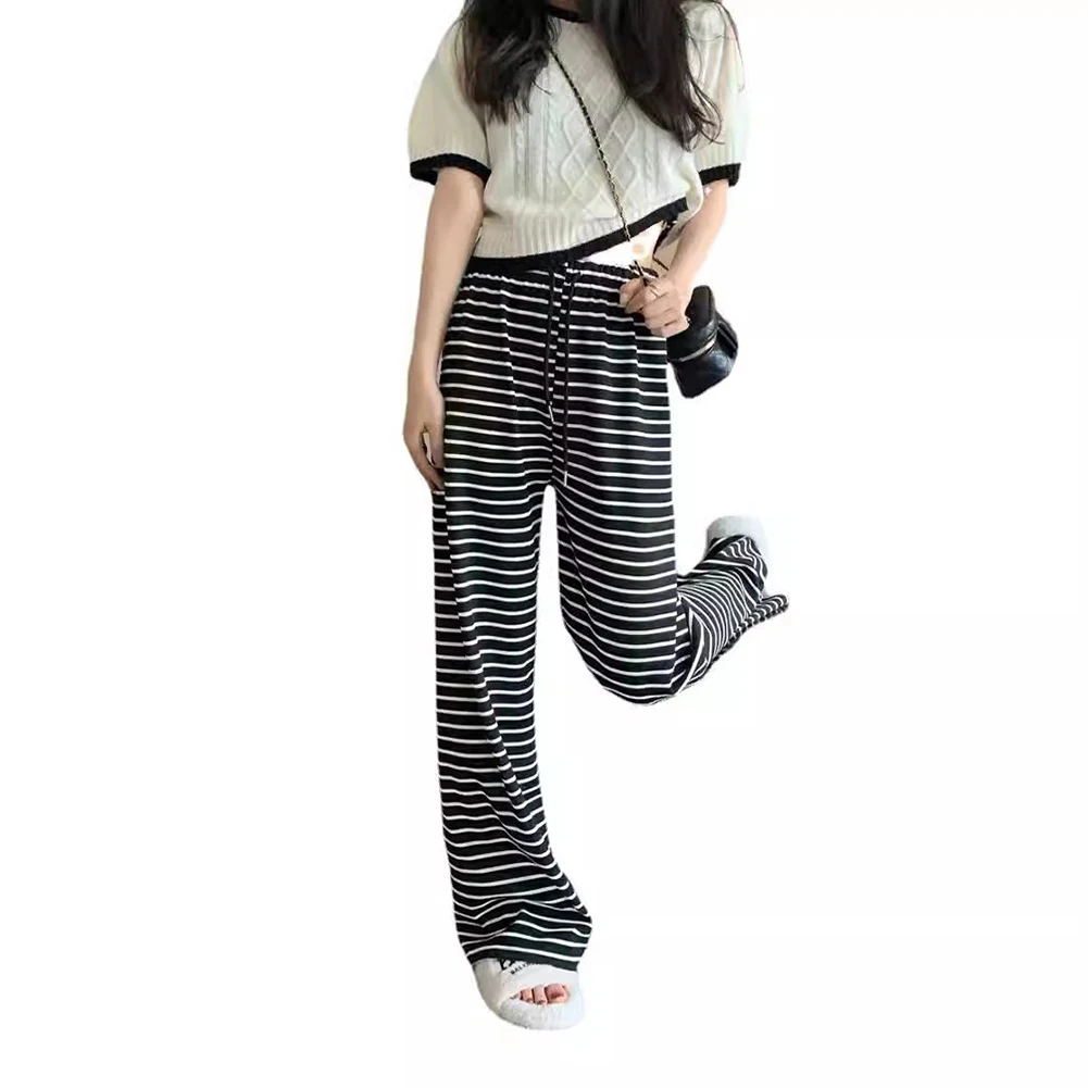 캐주얼웨어 스트리트 스타일 스트라이프 팬츠 레귤러 길이 바지 세련된 데일리웨어 바지 여성용 흰색 편안한 착용감