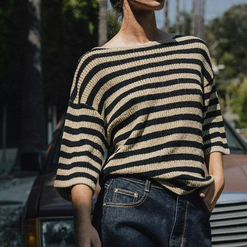 신상 여성용 라운드 넥 롱 슬리브 스트레이트 컷 레이어드 니트 탑 캐주얼 슬리브 가을 컬렉션 패셔너블 소녀용 스트라이프...