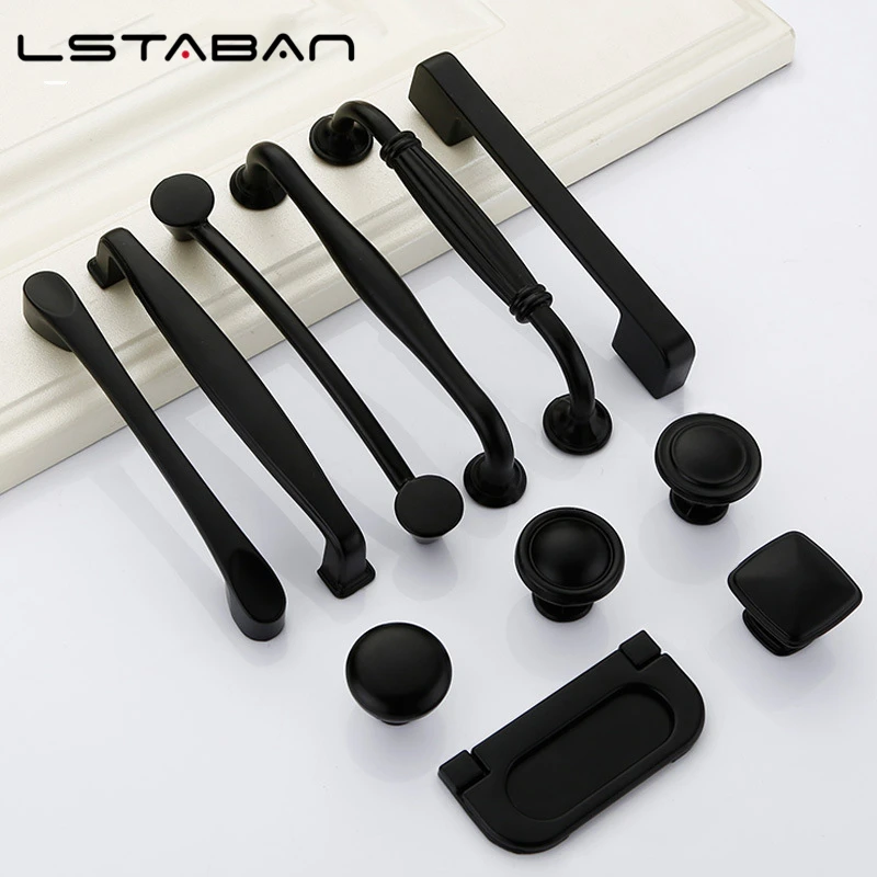 Aluminum Alloy Black Door Handle Bathroom Hardware Knobs Kitchen Cabinet Door Handles For Interior Doors Hardware Accessories