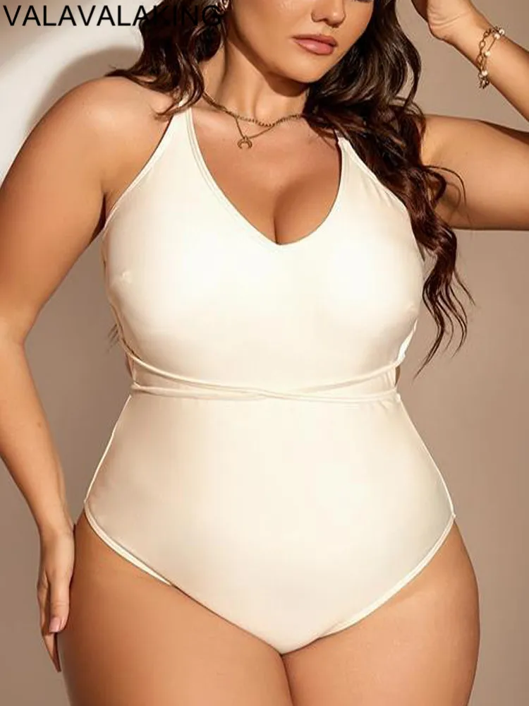 2025 Solidny Plus Size Stroje kąpielowe Kobiety Backless Cross Duży 2-częściowy jednoczęściowy kostium kąpielowy Curvy Lady Brazylijski Chubby Duży