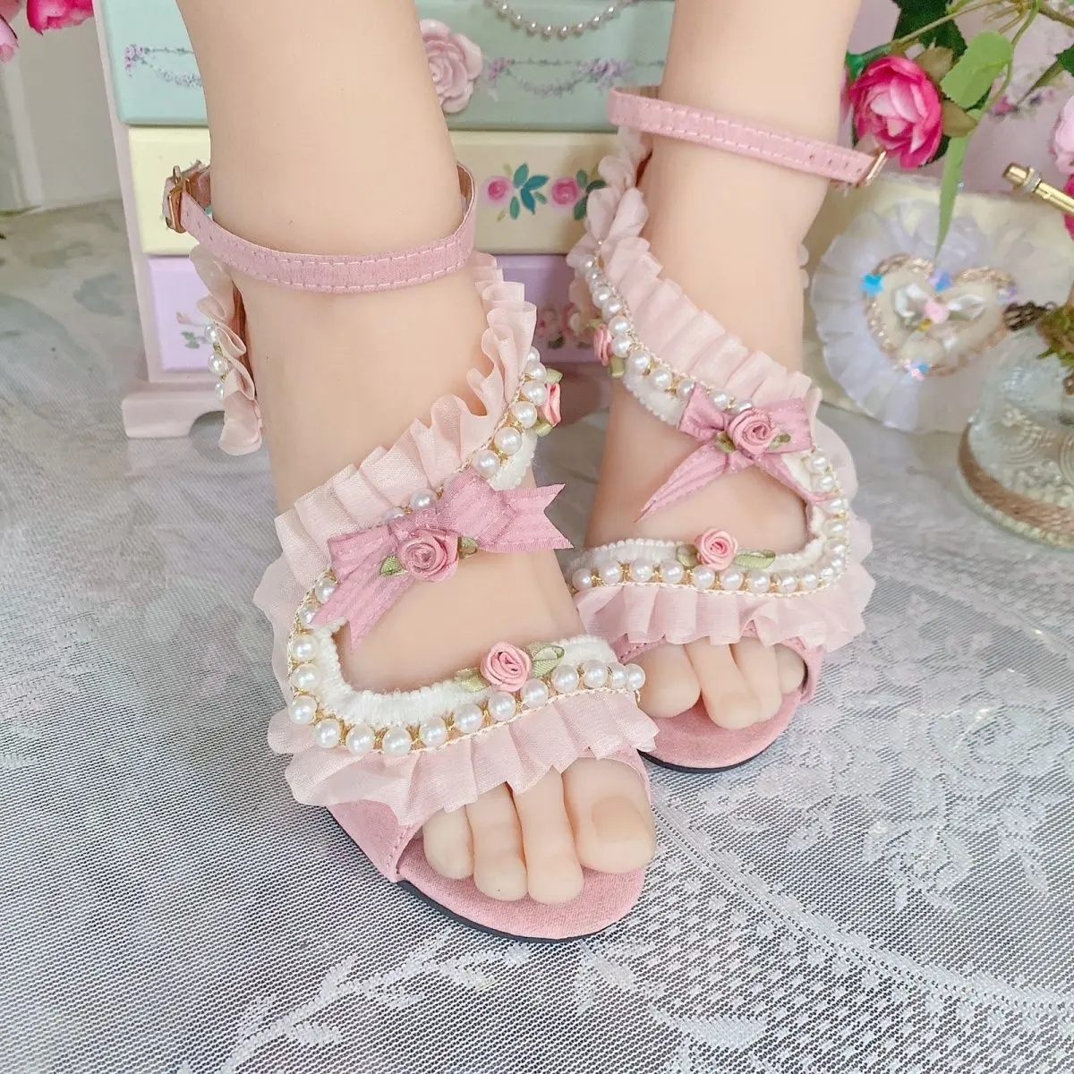 

Lolita Women's Sandals Shoes Princess Pink Platform Mary Jane Slippers Pearl Lace Bow Fashion 2025 Summer Dress High Heels