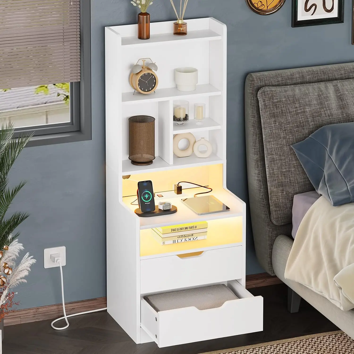 Tall Nightstand with Charging Station & LED Lights, White Bedside Table with Bookshelf & Drawers for Bedrooms, Customized