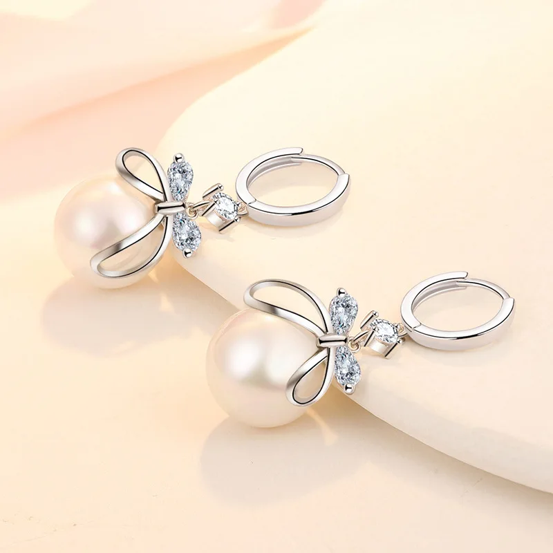 Elegant Pearl Earrings For Women Romantic 925 Silver Bow Ear Buckle Shiny Zircon Earring Girlfriend’s Cute Gift KOFSAC