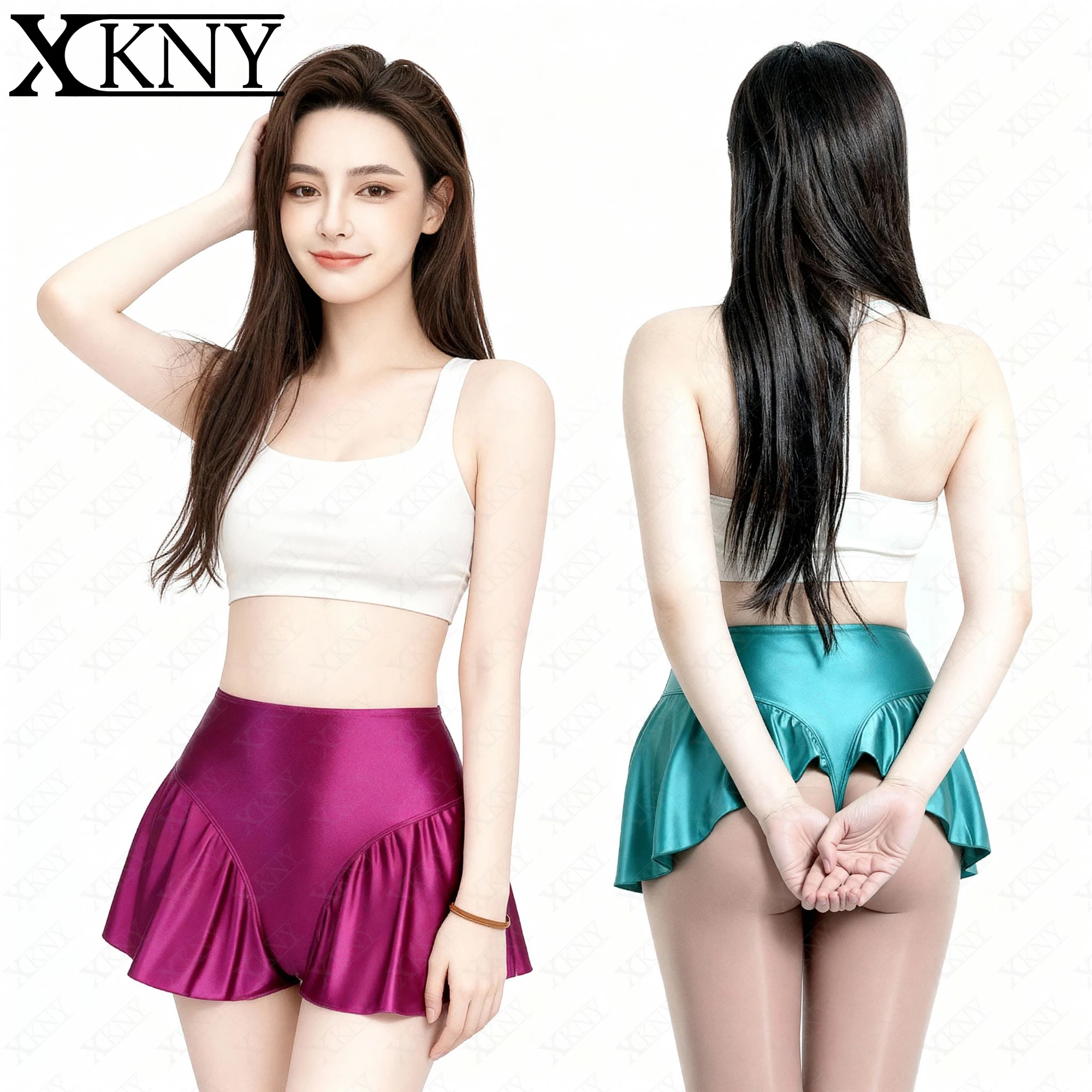 

XCKNY glossiness series skirt smooth silky bikini T-shaped umbrella skirt sexy beach bikini skirt RUFFLE CROSSOVER T-back skirt