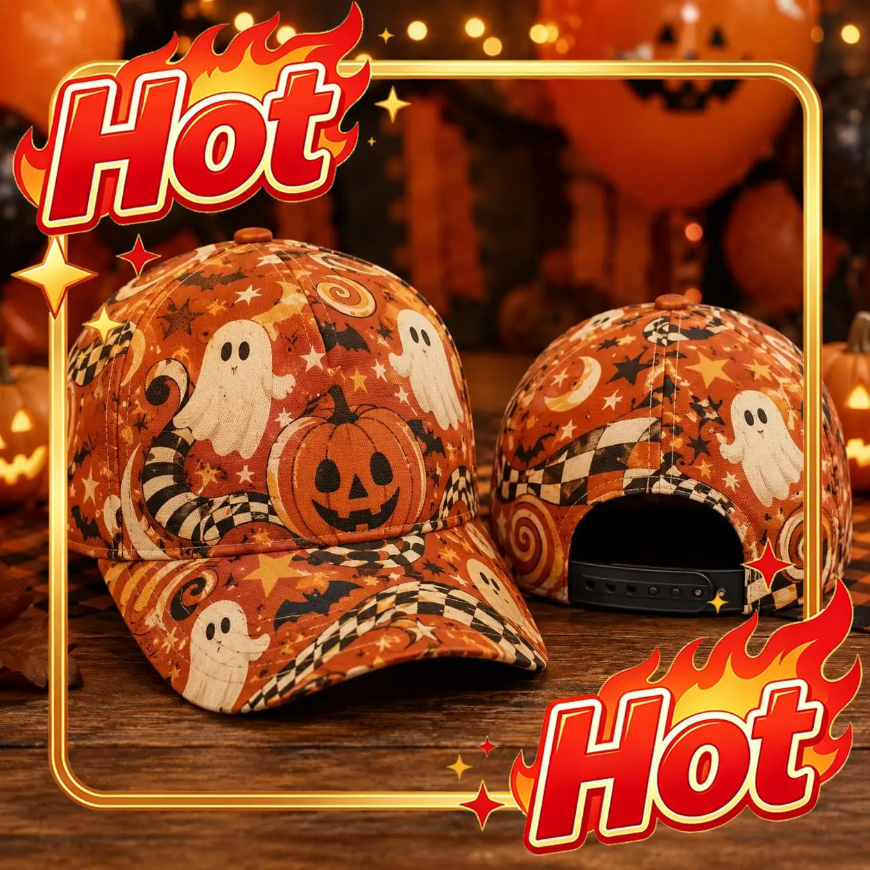 Custom Baseball Cap Men Halloween Costume Orange Pumpkin Swirl Checker Bat Bright Party Look Snapback Hats For Men Mens Hats Hat