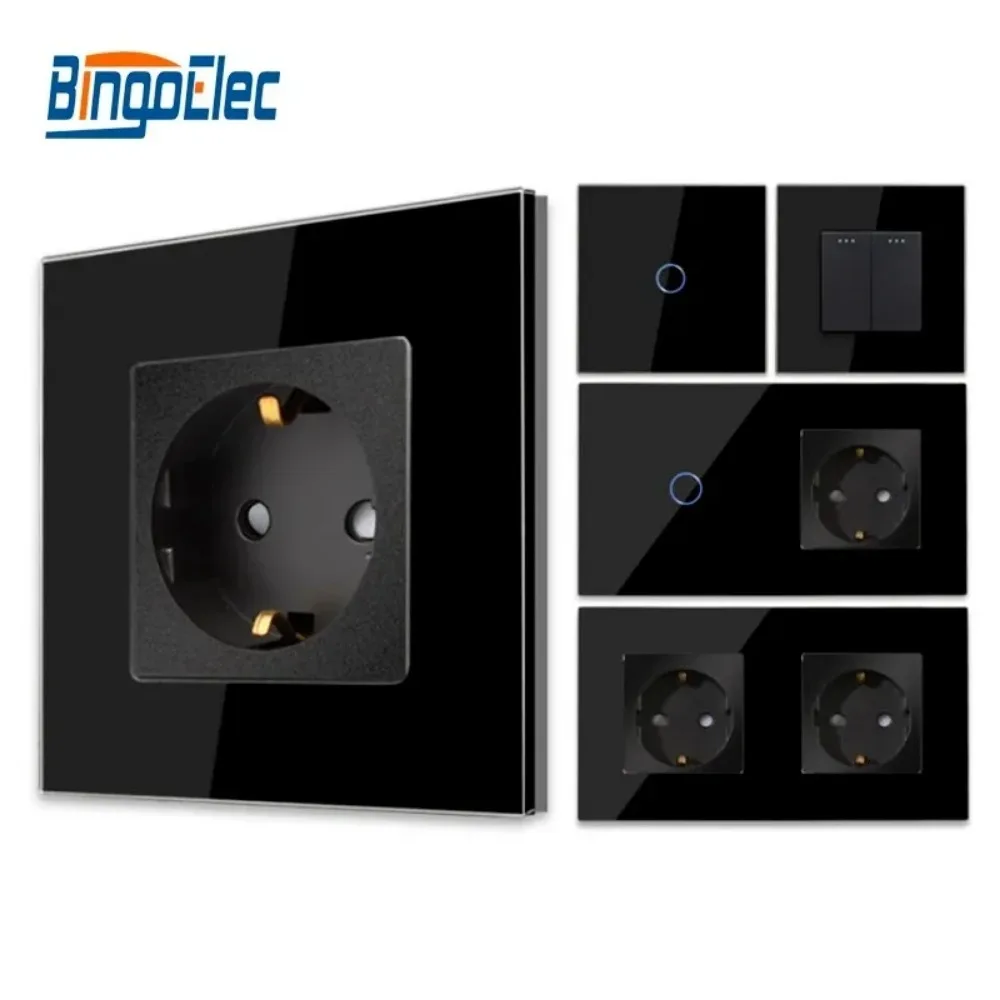 Bingoelec EU Standard Black Sockets and Switches with Crystal Glass Panel Sensor Switch with Socket Home Improvement